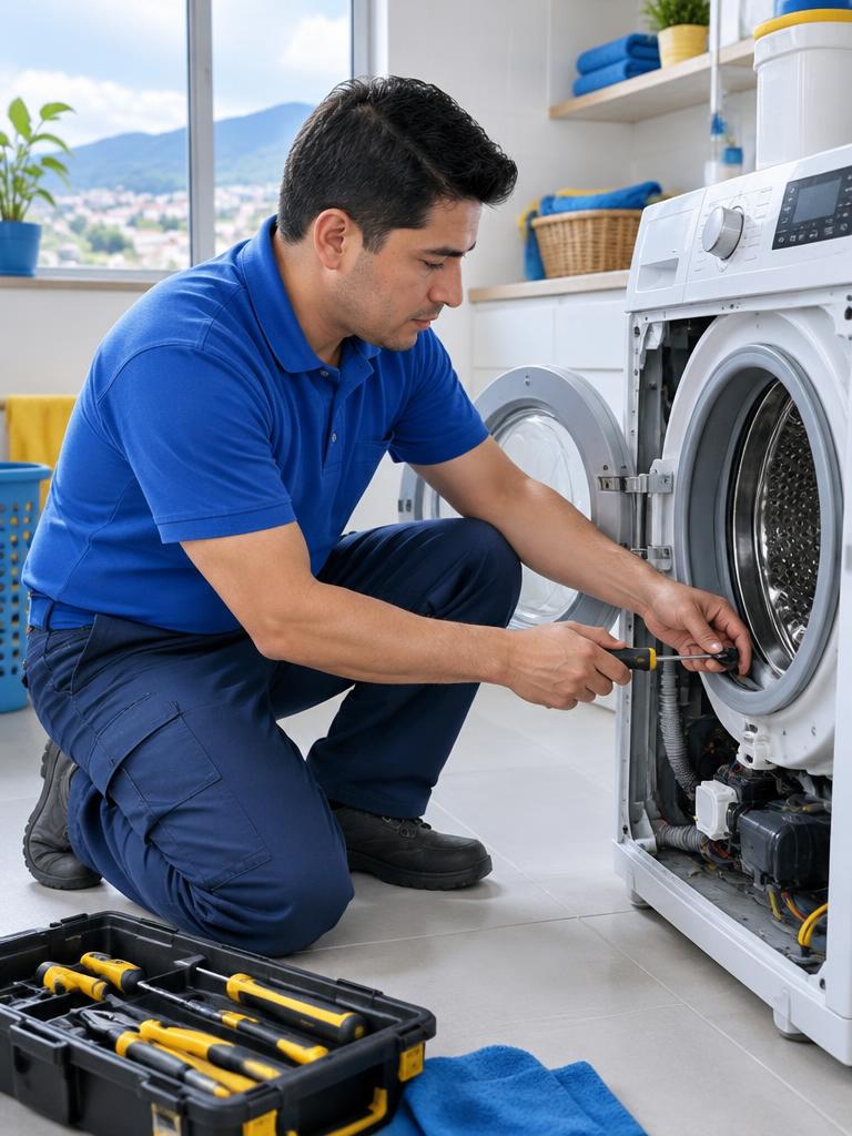 Técnico reparando una lavadora